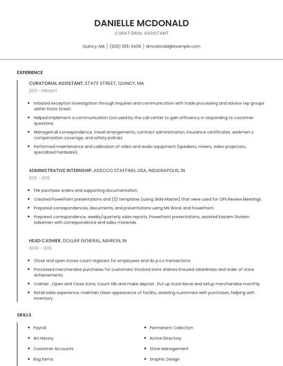 Curatorial Assistant Resume