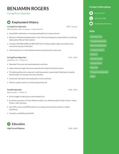 Curing Press Operator Resume
