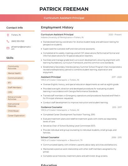 Curriculum Assistant Principal Resume