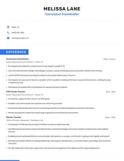Curriculum Coordinator Resume