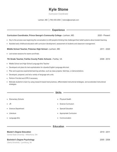 Curriculum Coordinator Resume