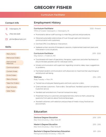 Curriculum Facilitator Resume
