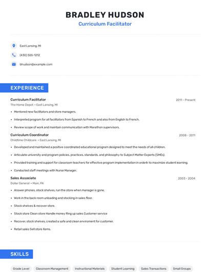 Curriculum Facilitator Resume