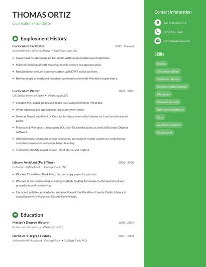 Curriculum Facilitator Resume