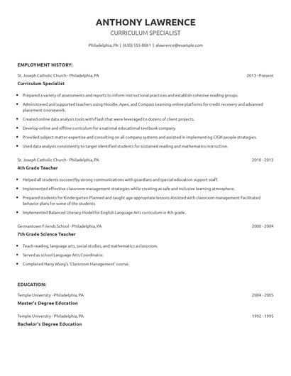 Curriculum Specialist Resume
