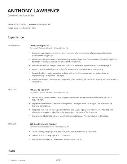 Curriculum Specialist Resume
