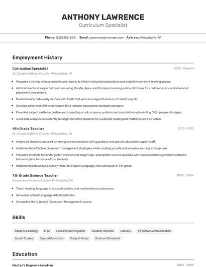 Curriculum Specialist Resume