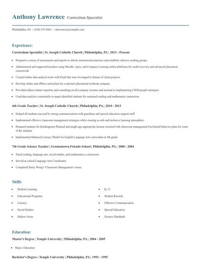 Curriculum Specialist Resume