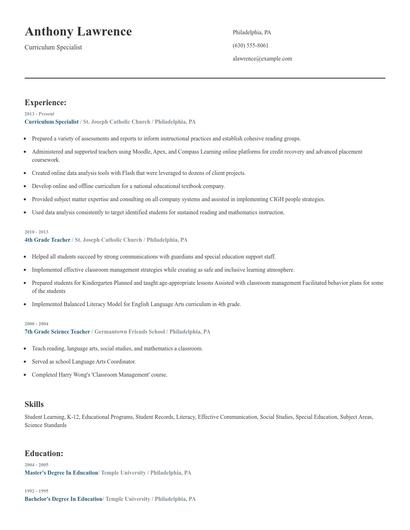 Curriculum Specialist Resume