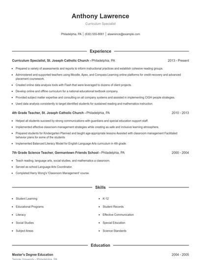 Curriculum Specialist Resume