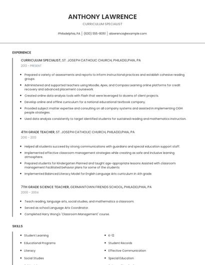 Curriculum Specialist Resume