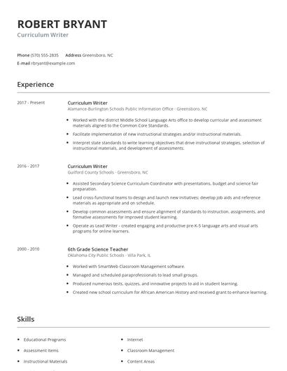 Curriculum Writer Resume