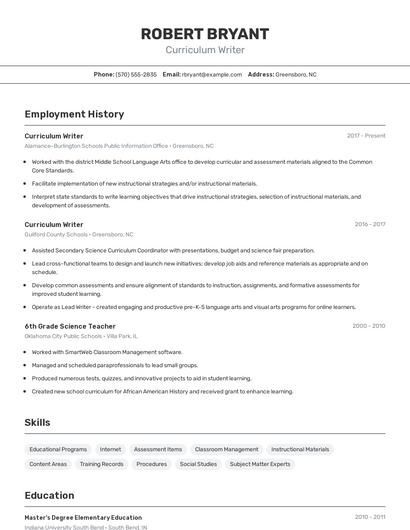 Curriculum Writer Resume