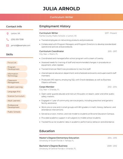 Curriculum Writer Resume