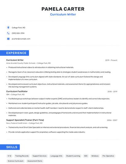 Curriculum Writer Resume