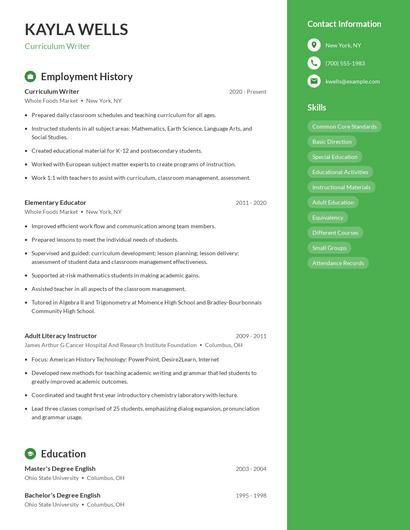 Curriculum Writer Resume