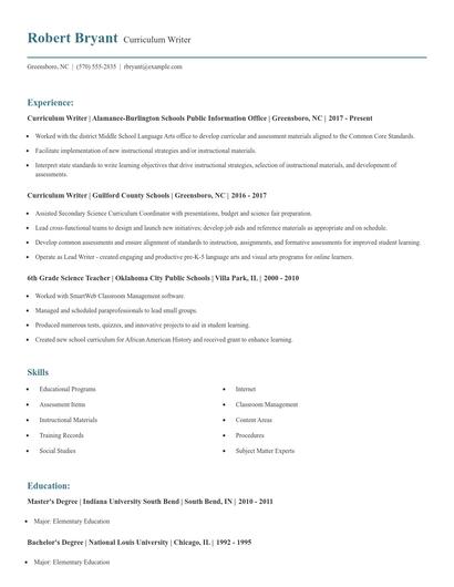 Curriculum Writer Resume
