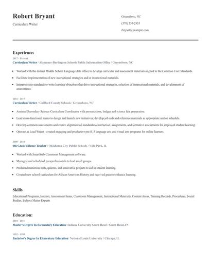 Curriculum Writer Resume