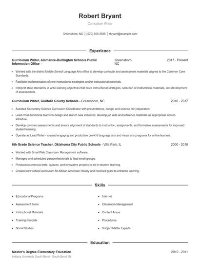 Curriculum Writer Resume