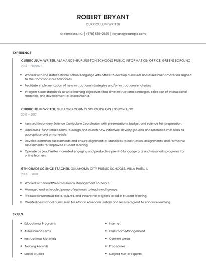 Curriculum Writer Resume