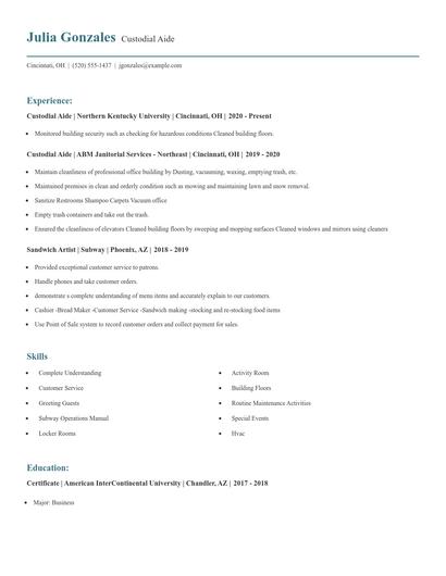 Custodial Aide Resume