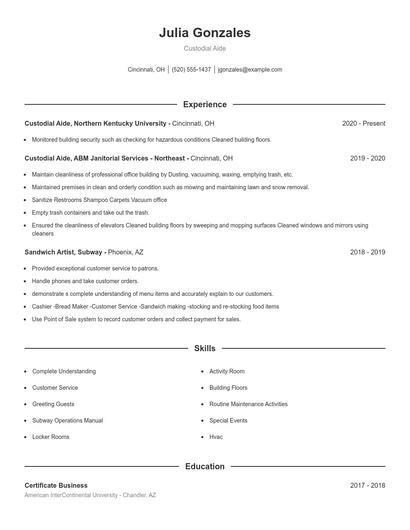 Custodial Aide Resume