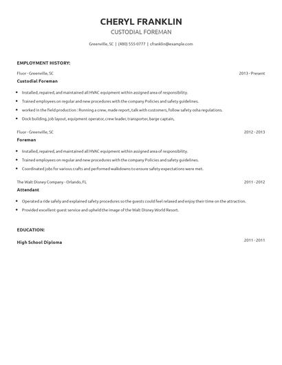 Custodial Foreman Resume