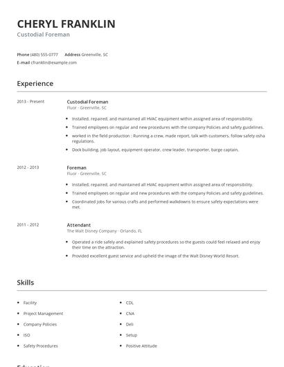 Custodial Foreman Resume