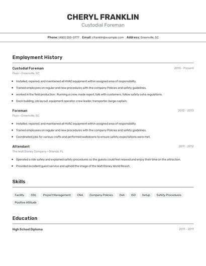 Custodial Foreman Resume