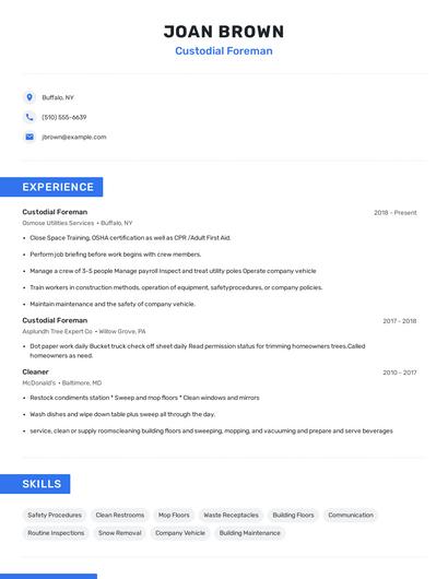 Custodial Foreman Resume