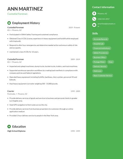 Custodial Foreman Resume