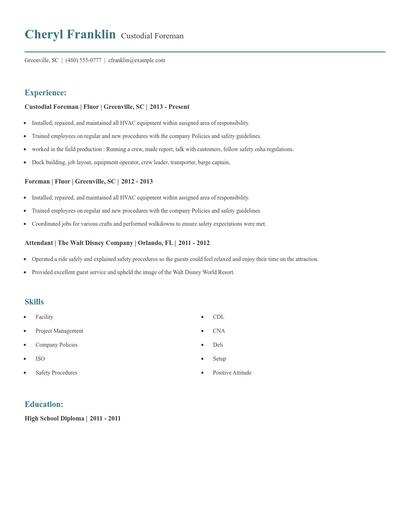 Custodial Foreman Resume