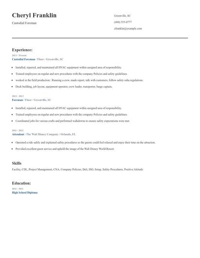 Custodial Foreman Resume