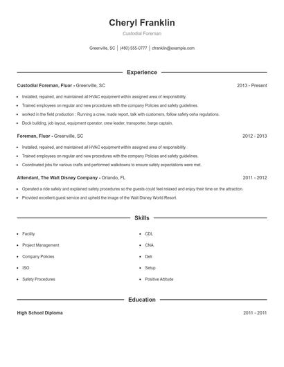 Custodial Foreman Resume