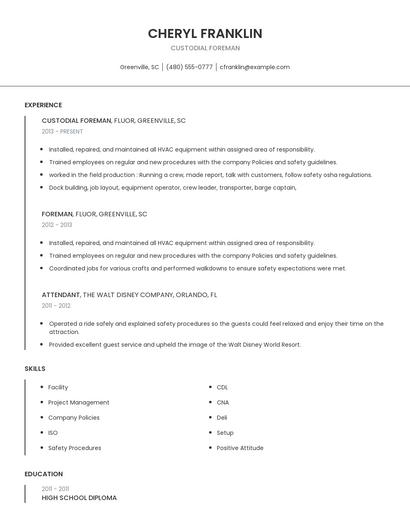 Custodial Foreman Resume