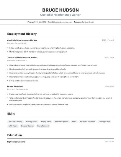 Custodial Maintenance Worker Resume