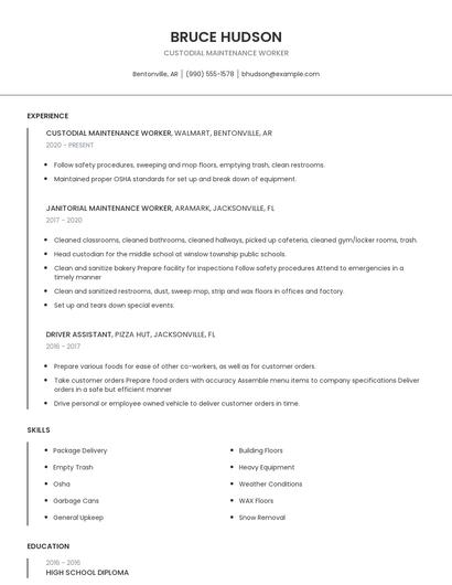 Custodial Maintenance Worker Resume
