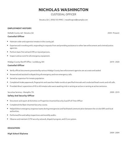 Custodial Officer Resume