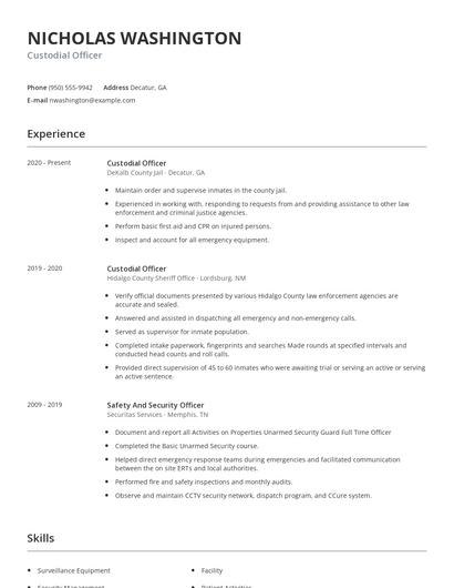 Custodial Officer Resume