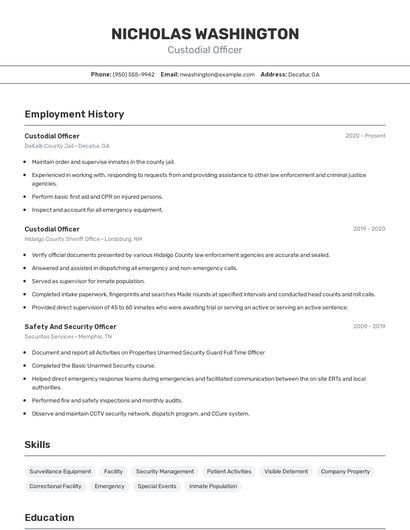 Custodial Officer Resume