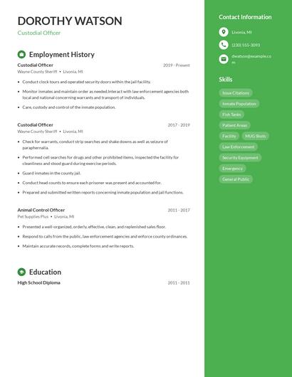 Custodial Officer Resume