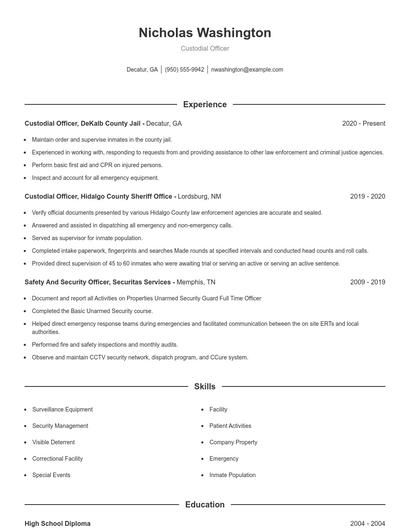 Custodial Officer Resume
