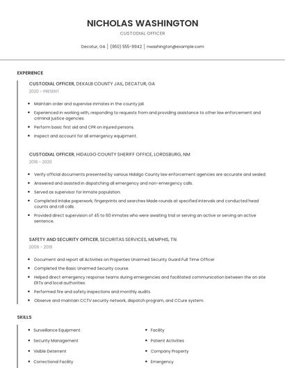 Custodial Officer Resume