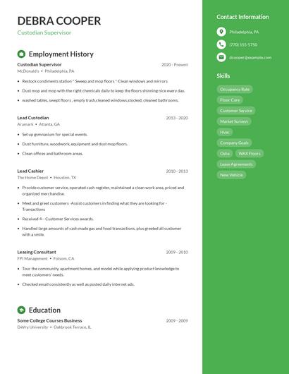 Custodian Supervisor Resume