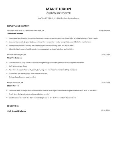 Custodian Worker Resume