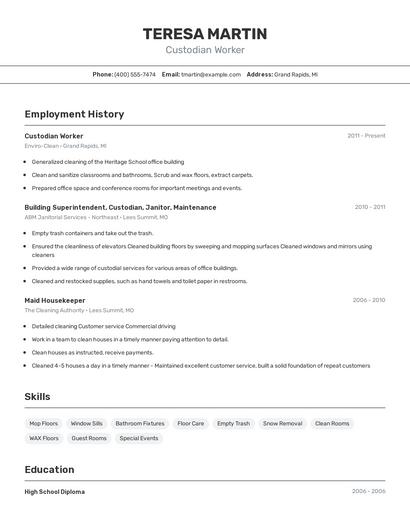Custodian Worker Resume