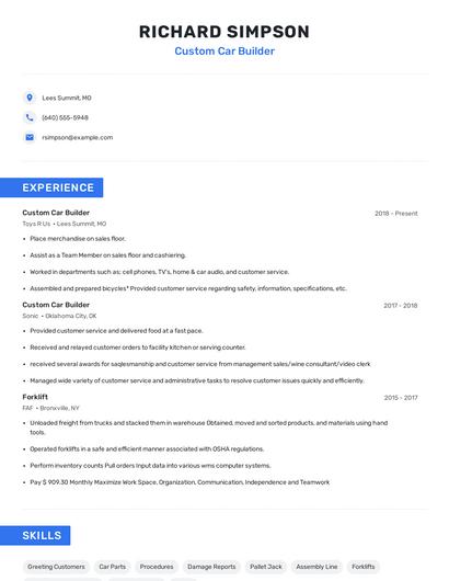 Custom Car Builder Resume
