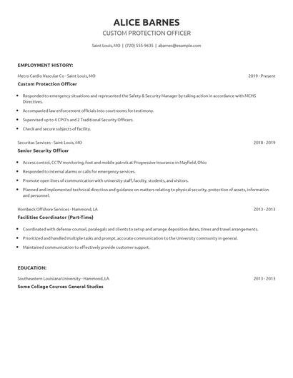 Custom Protection Officer Resume