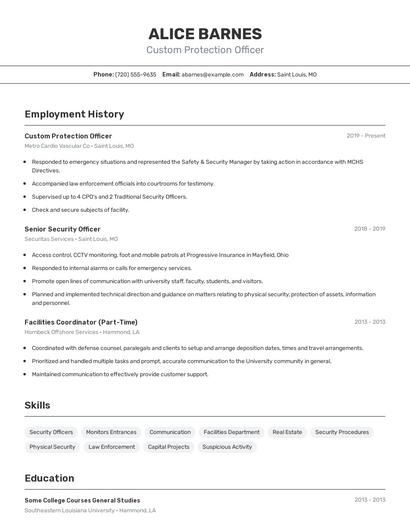Custom Protection Officer Resume