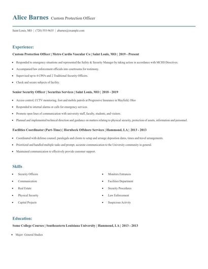 Custom Protection Officer Resume